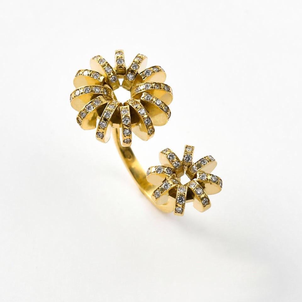 RNH668WC Yellow gold diamond double flower ring